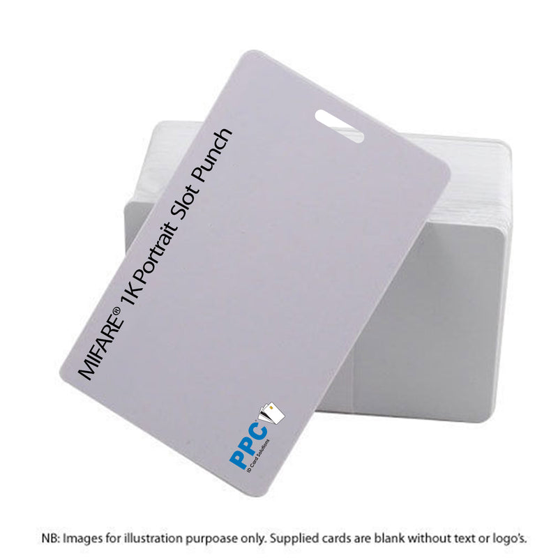 Cards .76mm PVC MIFARE 1K White Portrait Slot - (100 Pack)