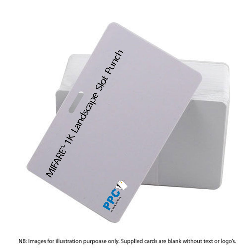 Cards .76mm PVC MIFARE 1K White Landscape Slot - (100 Pack)